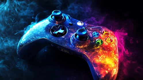 Gaming controller rendered with luminescent effects and chromatic gradients.