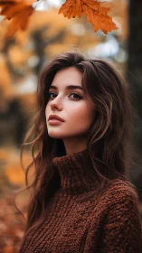 Warm autumn portrait among golden falling leaves.