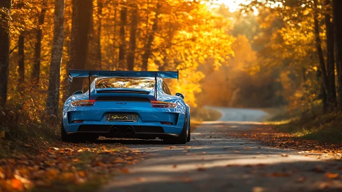 Blue sports coupe rests on autumn forest road in warm backlight