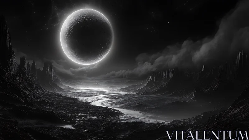 Lunar-lit alien canyon under colossal eclipsed moon.