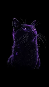 Neon-lit purple cat portrait rendered against black background.