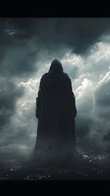 Hooded cloaked figure stands alone before dense storm clouds