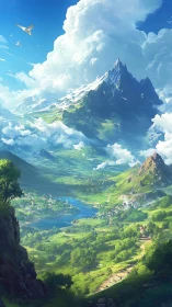 Digital painting of alpine valley panorama with soaring cumulus clouds.