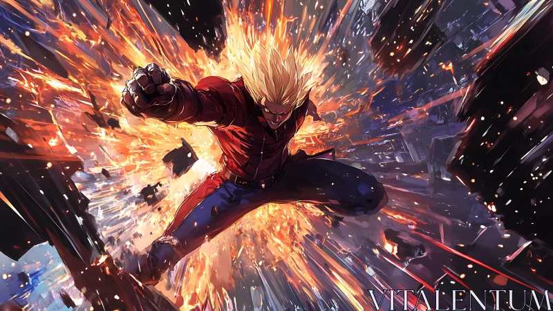 Explosive blond fighter lunges through shattered cityscape.