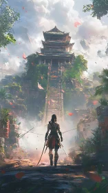 Armored explorer approaching mist-veiled tiered mountain temple.