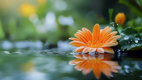 Orange daisy flower rests on water surface and reflects clearly