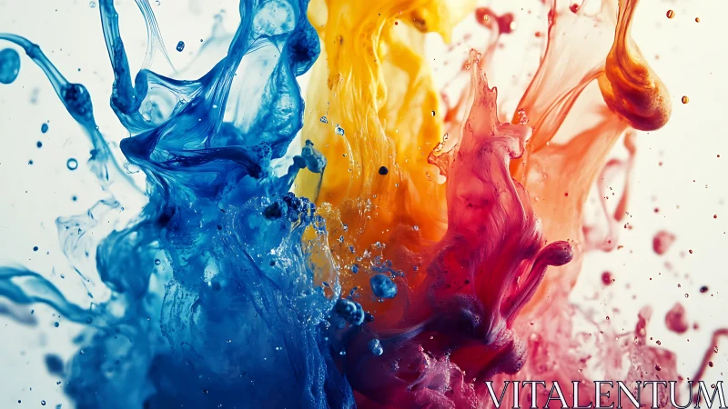 Chromatic splash ballet where blue, gold and crimson collide.