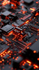 Futuristic circuit board with glowing red data pathways.
