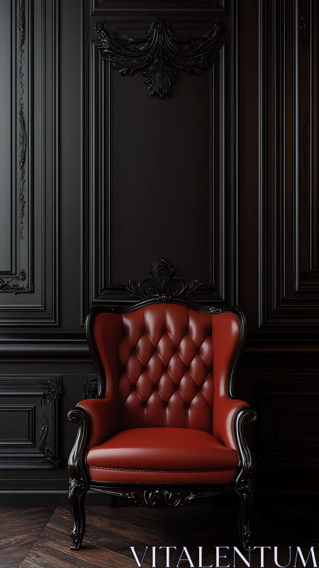 Red leather wingback chair against black baroque wall.