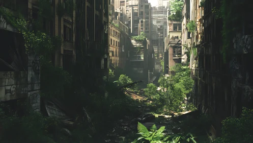 Quiet overgrown city canyon where ruins cradle bold green life.