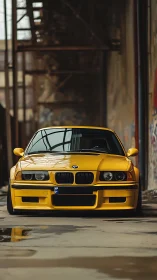 Yellow BMW coupe front view in decayed industrial hangar.