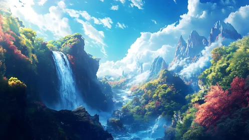 Mystic valley waterfall pours into a sunlit dreamlike forest
