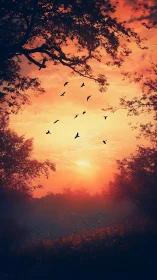 Digital painting sunset woodland vista with silhouetted birds.