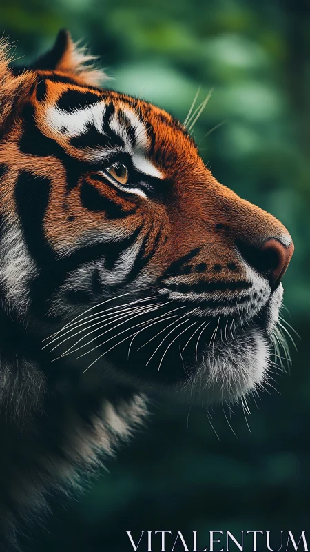 Tiger profile close-up with sharp whiskers in soft light.
