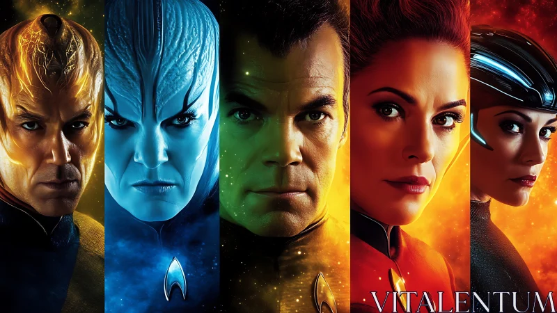 Chromatic sci fi crew portraits in high contrast lighting.