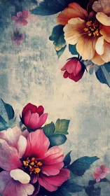 Composite floral study with layered botanical forms on distressed surface.