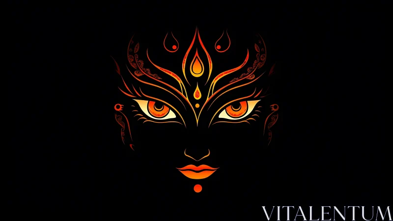 Stylized fiery goddess face glows against solid black background