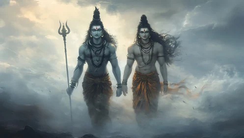 Divine twin warriors stride through tempestuous celestial mist.