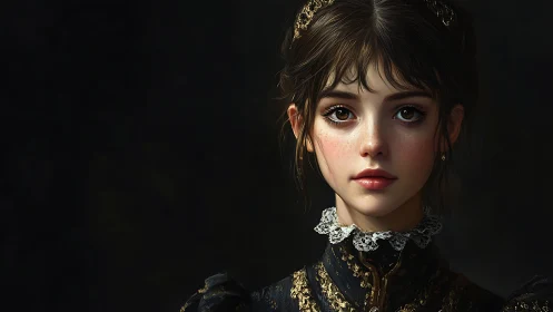 Digital portrait of young woman in ornate dark attire.