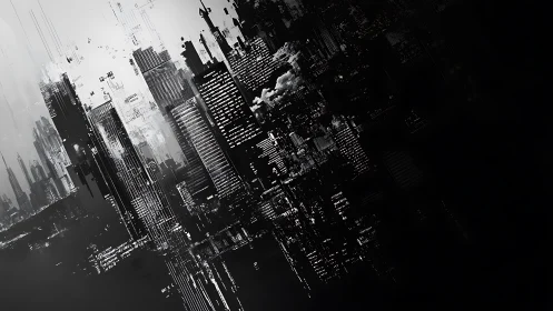 Monochrome glitch-architectural cityscape with digital decay gradients.