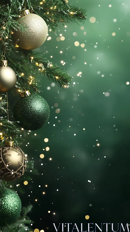 Golden and green Christmas ornaments glow in gentle light