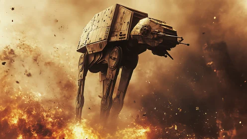 Stomping sci fi walker strides through roaring battlefire.