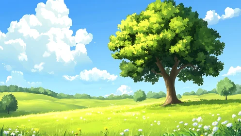 Sunlit meadow tree welcomes a bright, peaceful summer day