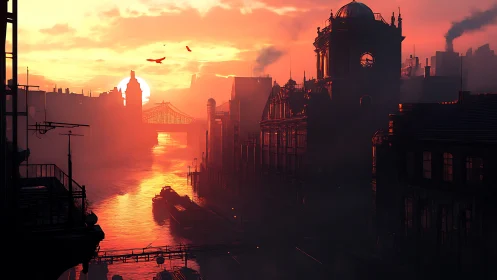 Industrial river city at low sun with silhouetted buildings.