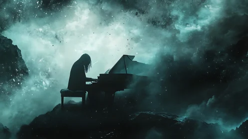 Solitary pianist performs within a storm of cosmic mist
