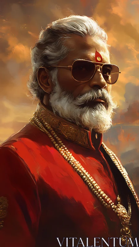 Regal elder in red attire gazes through sunset light.