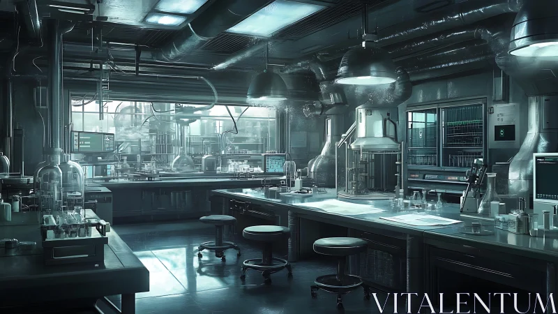 Quiet futuristic lab glows with cool light and careful order
