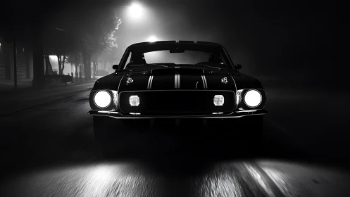 Classic muscle car front view on dark foggy city street.