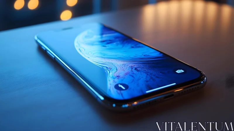 Modern smartphone on wooden table with blue abstract wallpaper.