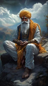 Mountain mystic in saffron robes under dramatic skies.