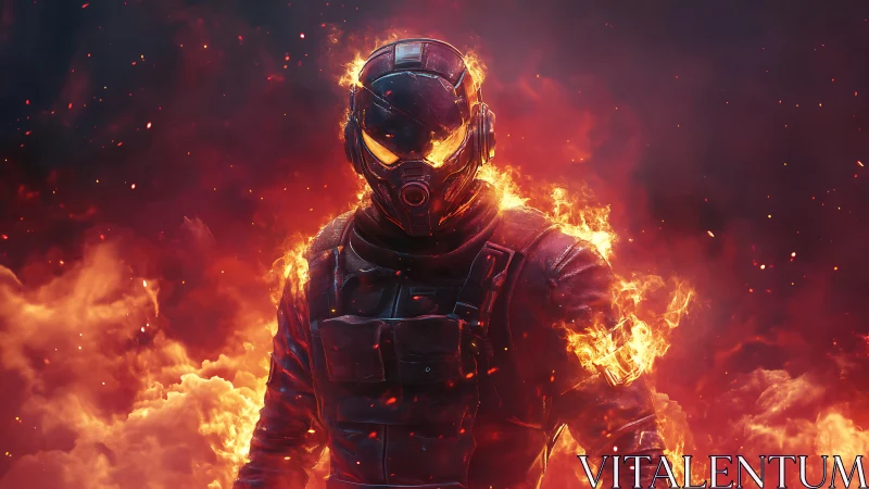 Inferno-clad soldier strides calmly through blooming flame