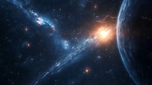 Gentle cosmic fire streaking past a sleeping blue planet.