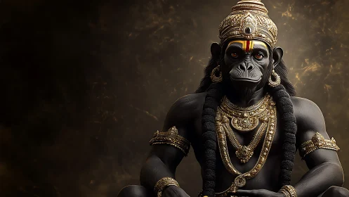 Rendered simian deity figure sits adorned with ornate jewelry