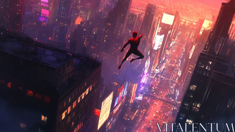 Swinging hero soaring above neon drenched city streets.