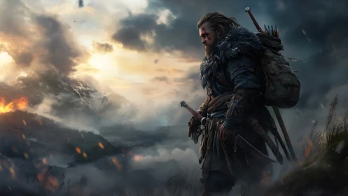 Battle-hardened wanderer surveys burning mountain valley.