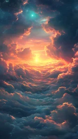 Celestial storm clouds unveiling a radiant cosmic sunrise.