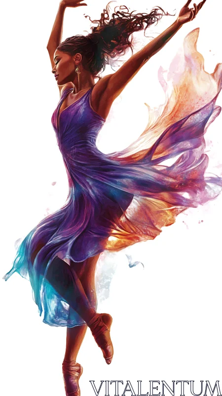 Female dancer in mid-leap with flowing multicolor dress.