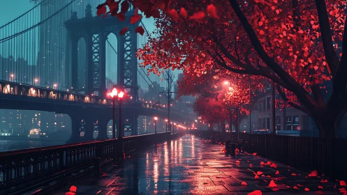 Rain-soaked riverside walkway runs beside illuminated bridge