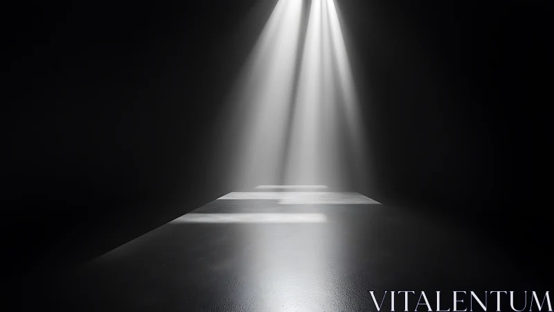 Spotlight beams illuminate a reflective floor in dark space