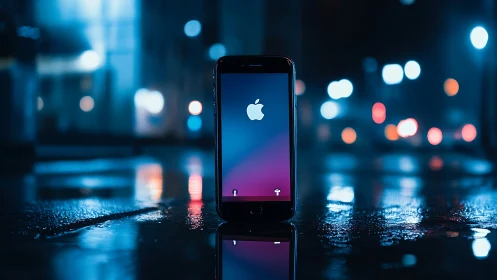 Glowing Apple Device Amid Urban Night Lights.
