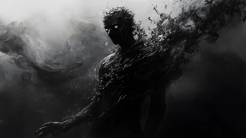 Viscous shadow entity dissolving into turbulent vapor field.