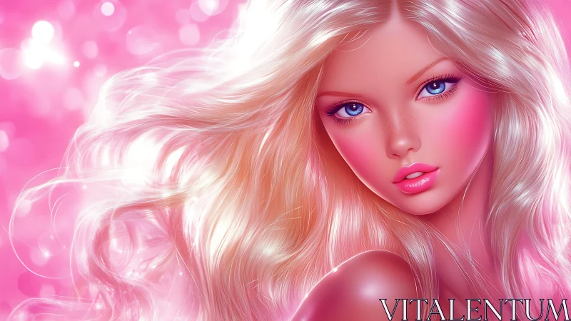 Hyperreal pink portrait renders luminous blonde hair in motion
