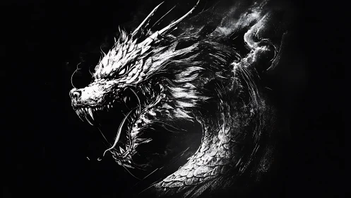 White dragon head roaring on stark black background.