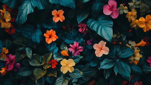 Vibrant tropical flowers arranged against deep teal foliage.