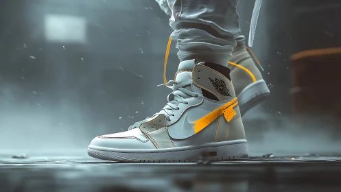 High-top sneakers in wet urban street environment at night.