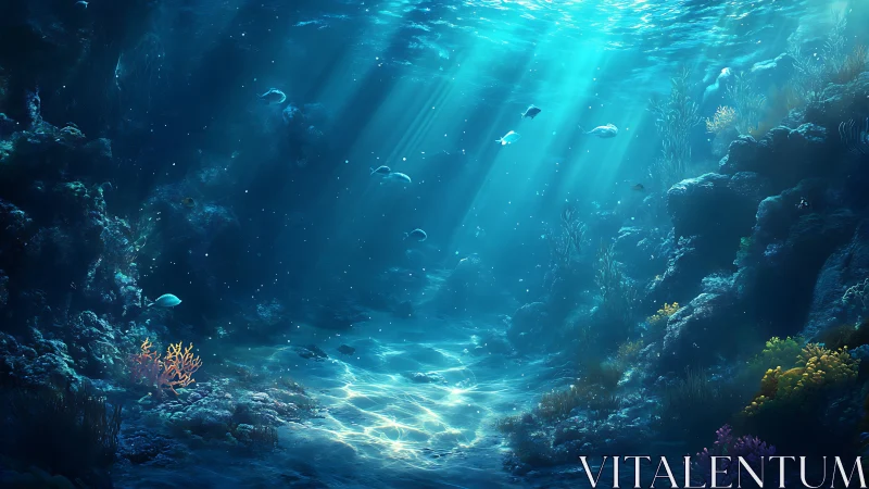 Sunlit ocean floor with coral reef and drifting fish.